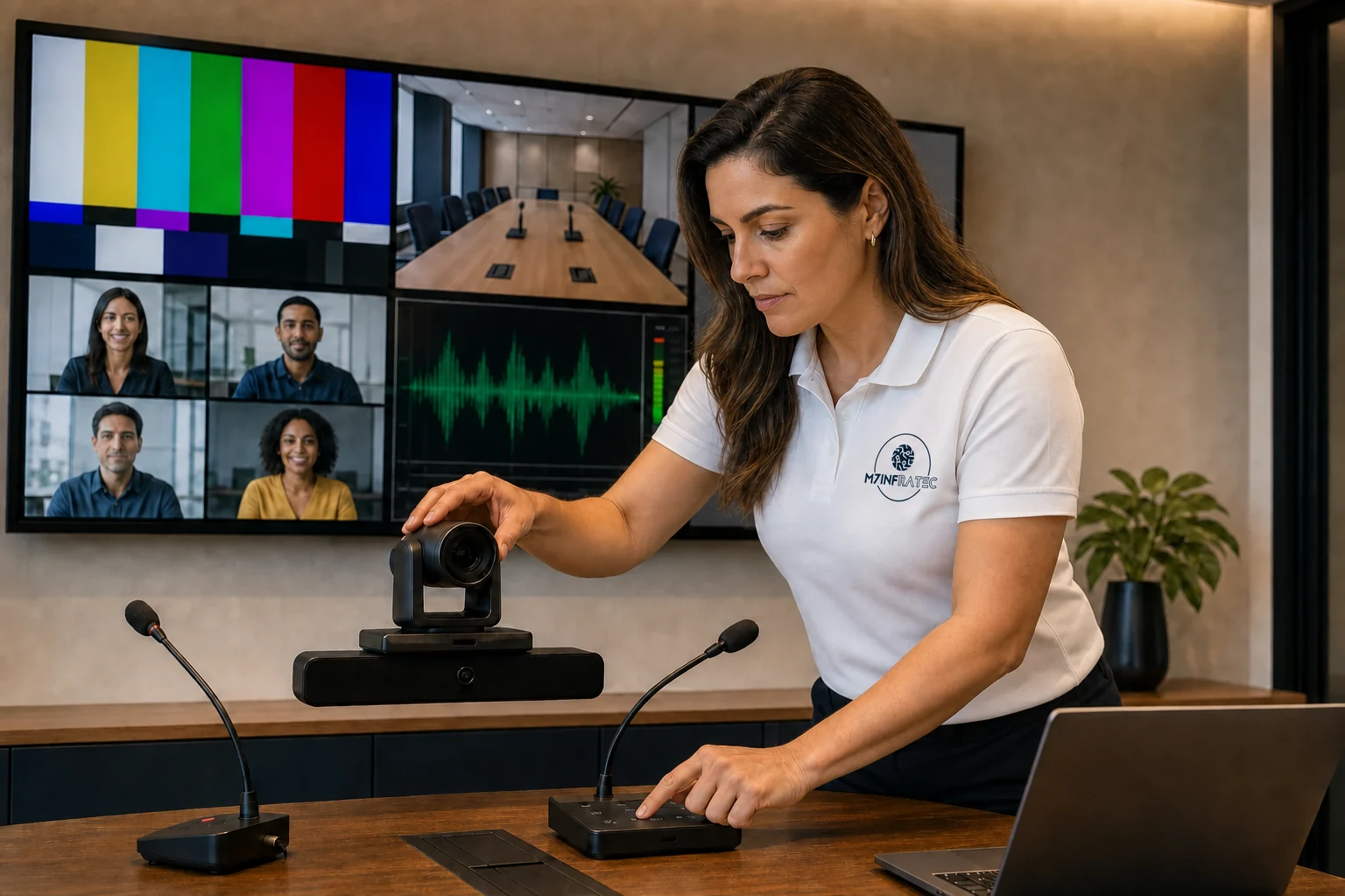 Técnico M7 calibrando câmera e microfones de videoconferência