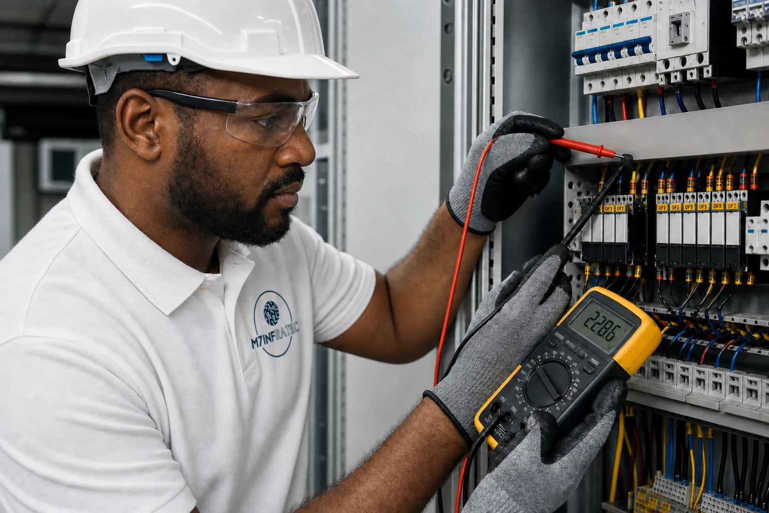 Técnico M7 realizando medição com multímetro em painel elétrico