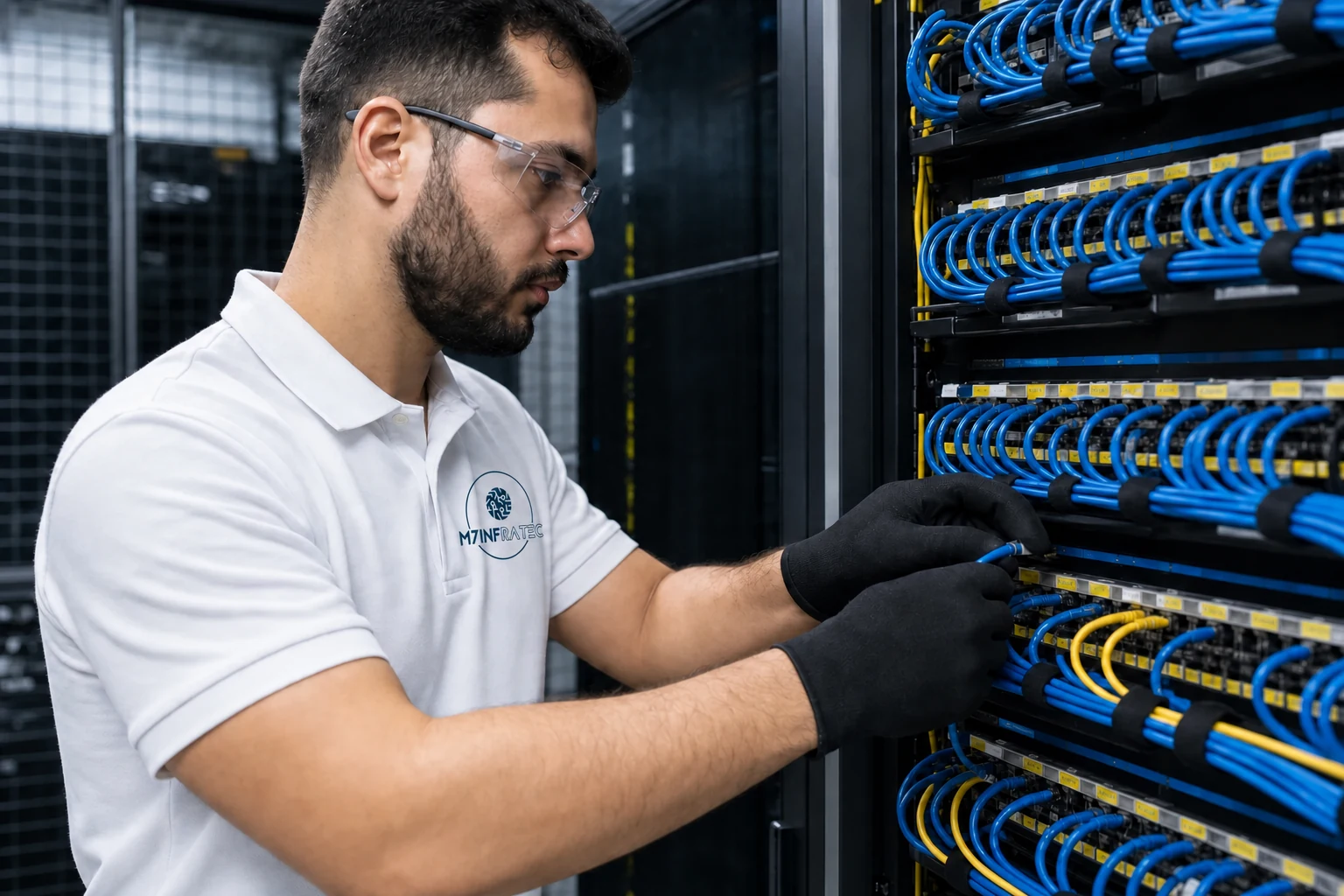 Técnico M7 conectando cabeamento estruturado em patch panel corporativo